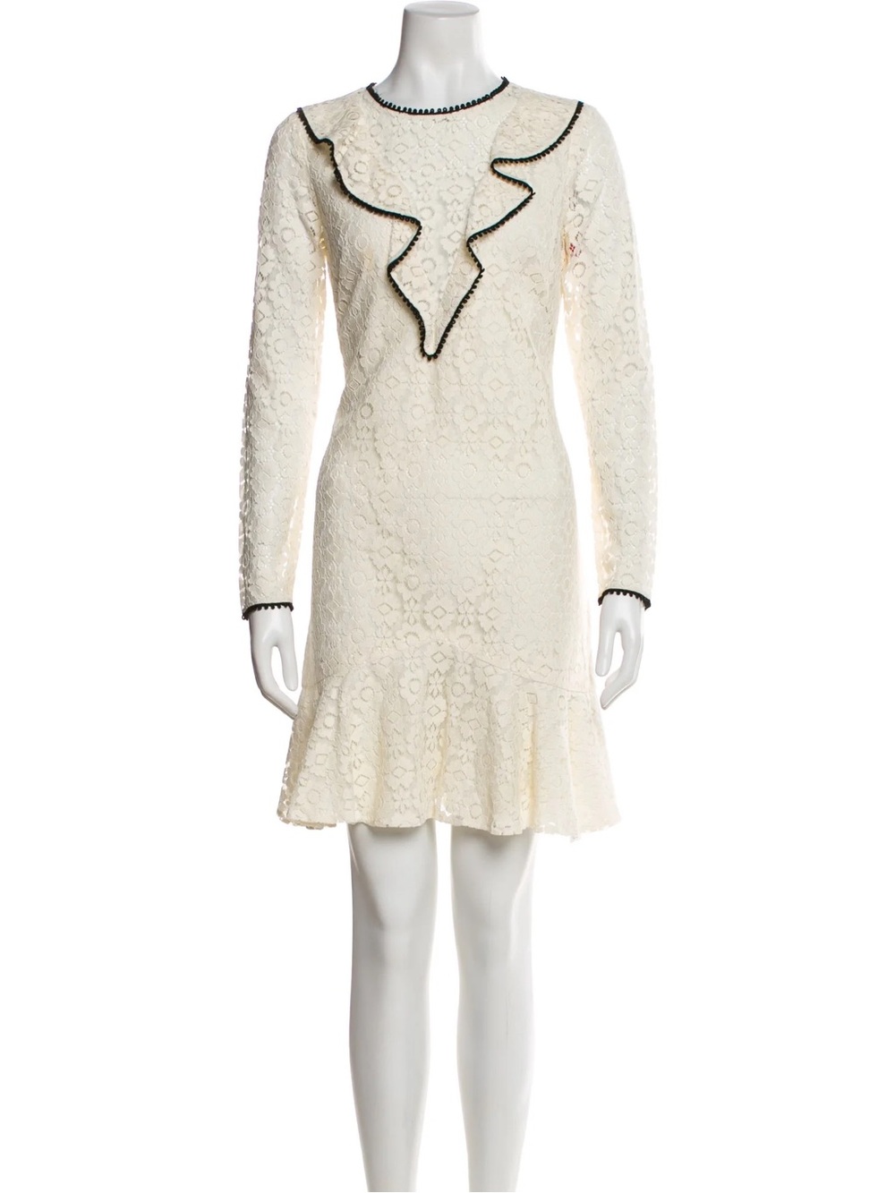 Monique Lhuillier White Lace Long-Sleeve Ruffle Dress with Black Trim - Picture 3 of 13